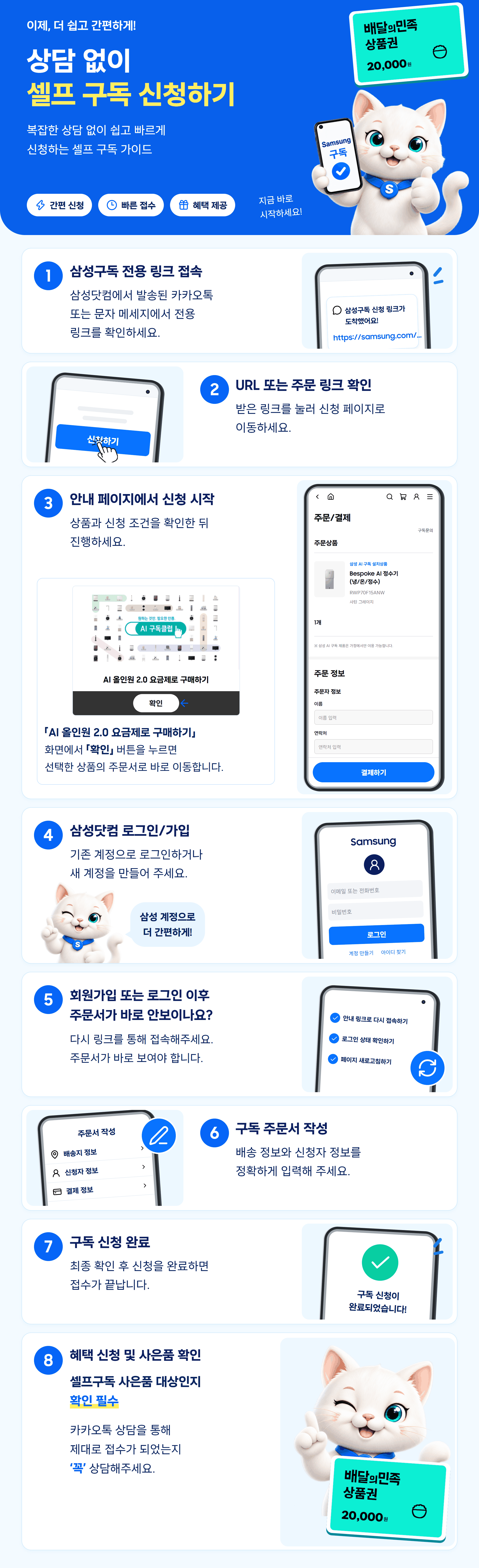 상담 없이 셀프 구독 신청하기 8단계 안내. 전용 링크 접속, 주문 링크 확인, RWP70F15ANW 모바일 주문 화면, 삼성닷컴 로그인 또는 가입, 주문서 재접속, 주문서 작성, 신청 완료, 사은품 대상 및 카카오톡 접수 확인. 사은품은 배달의민족 상품권 2만원권 이미지.
